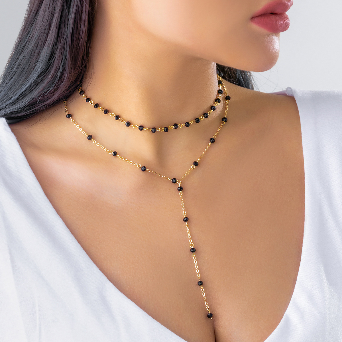 European and American cross-border jewelry, multi-layer stacked retro crystal long sweater chain, personalized beaded trendy necklace for women Specification drawing