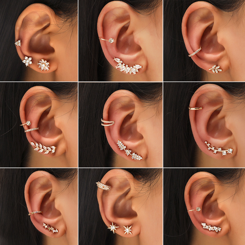 New alloy star small diamond ear clip for women, leaf flower, golden geometric pearl zircon, no ear hole, ear stud set full figure