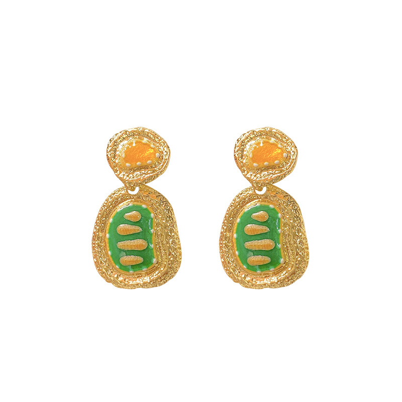 French retro oil-dripping color-blocking oval earrings for women, light luxury, versatile, elegant and high-end, irregular stud earrings Item Picture