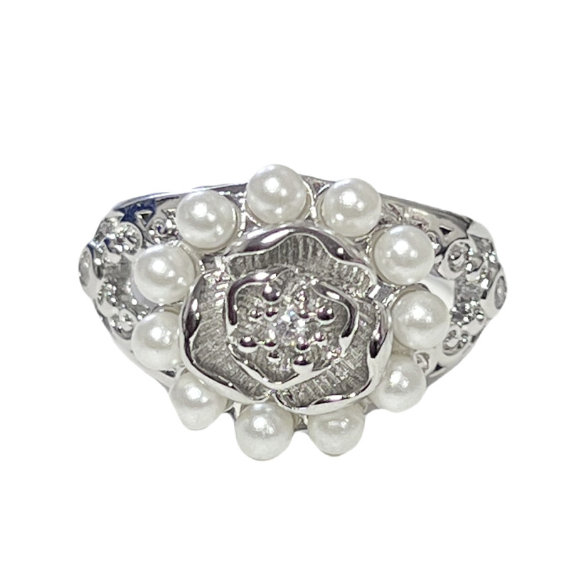 French three-dimensional flower pearl inlaid high-end ring, simple and versatile for women, starry sky brushed retro index finger ring Item Picture