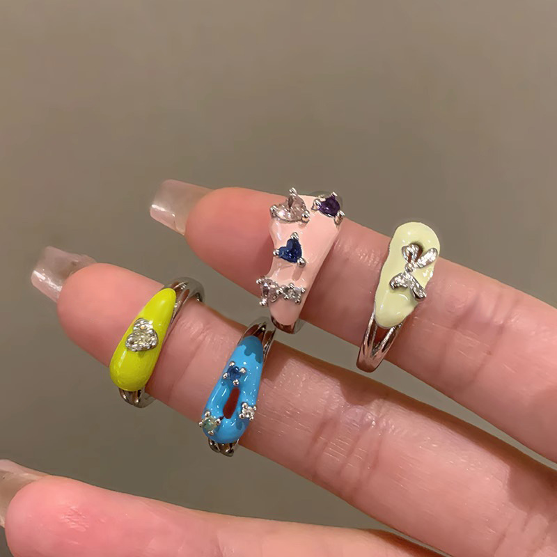 Dopamine colored drip glaze cute open ring for women, unique and sweet cool ring, adjustable index finger ring full figure