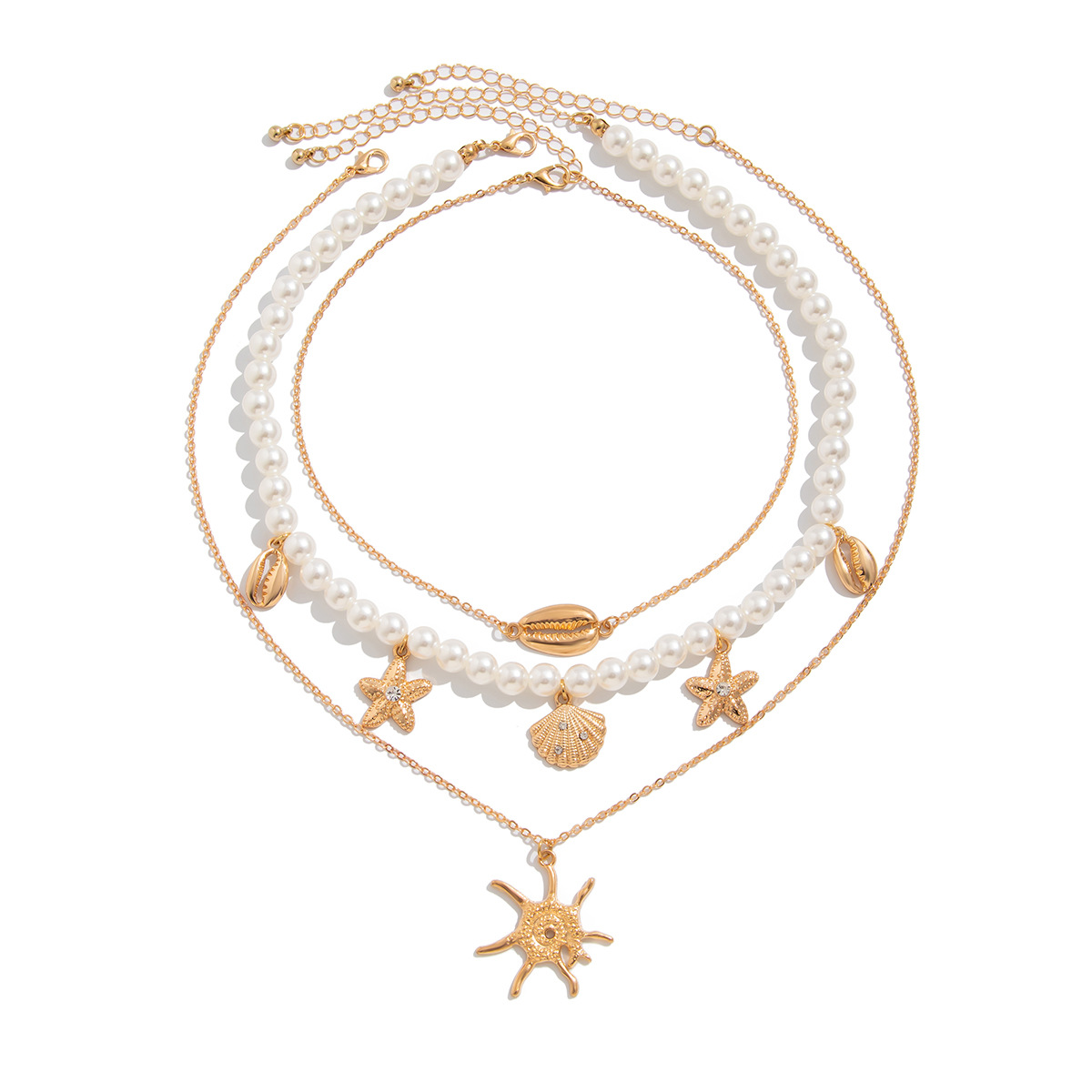 European and American cross-border jewelry Bohemian pearl string necklace starfish shell pendant necklace vacation Item Picture