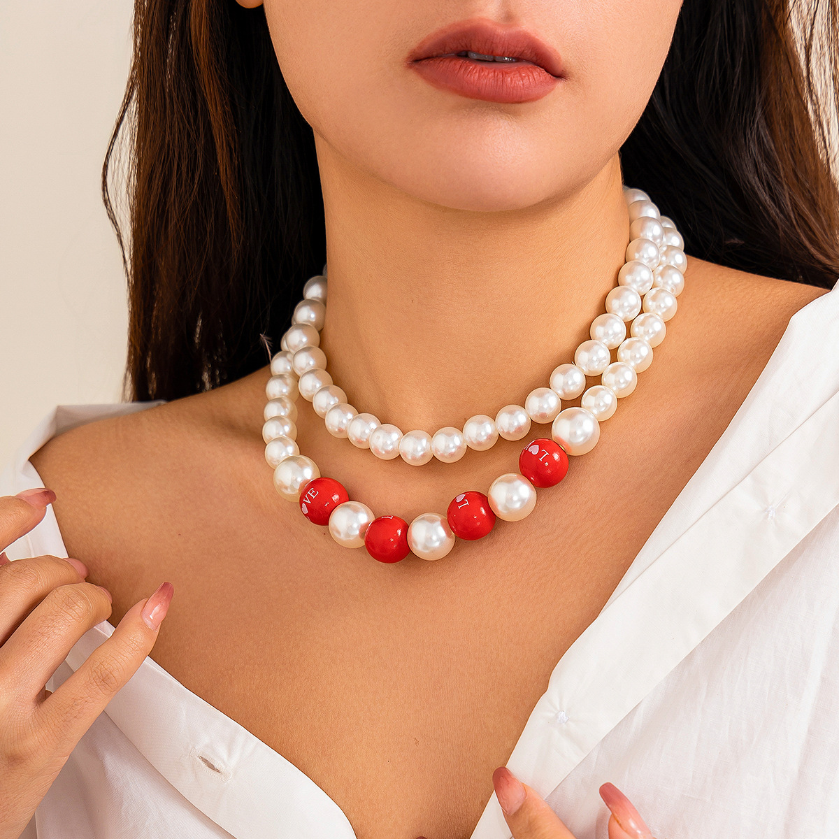 European and American cross-border Beer Festival green Element necklace, personalized colorful beaded imitation pearl love Valentine's Day neck details Picture