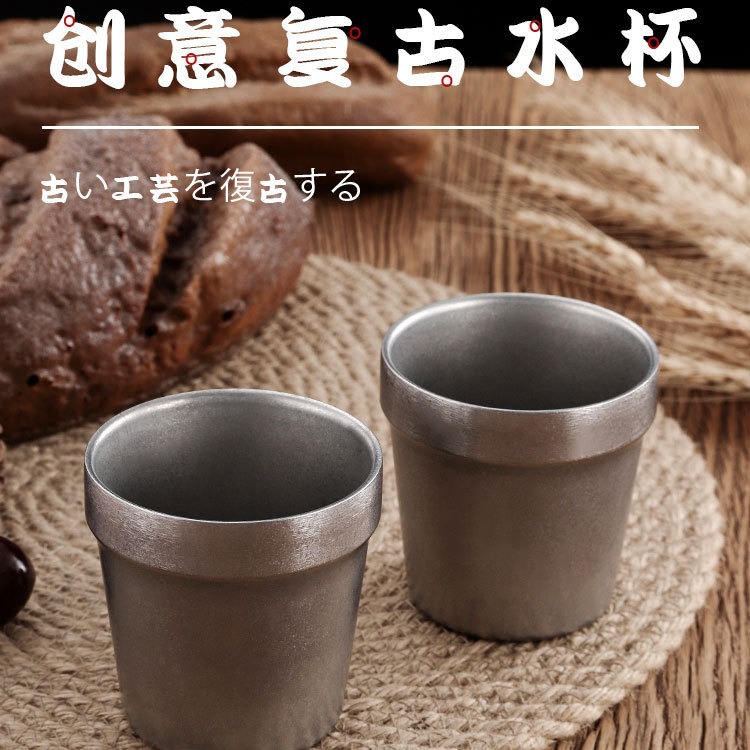 Retro aged 304 stainless steel water cups, double-layer anti-scald snow grey commercial beer mugs, beverage cups and dining cups full figure