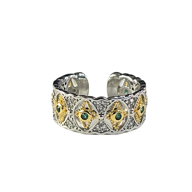 Light luxury, retro, hollowed-out and diamond-encrusted, trendy and fashionable open ring, women's lace, emerald-like full diamond texture ring Item Picture
