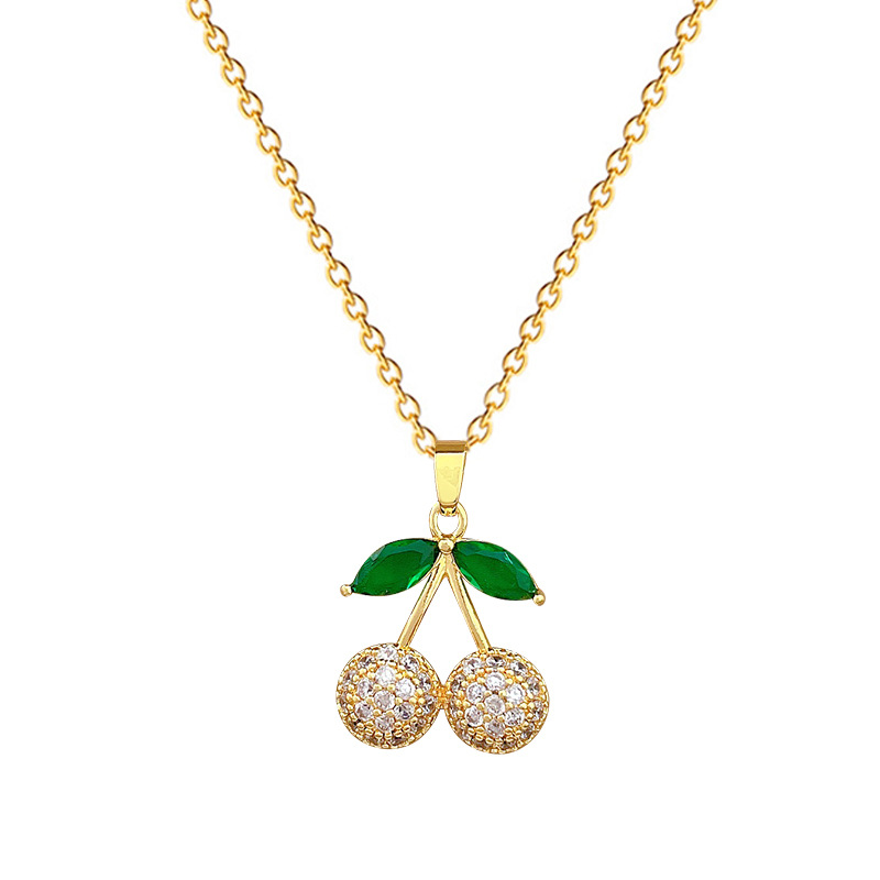 【 Titanium Steel 】 Green Leaf Cherry Necklace Earrings Set, Light Luxury, slightly inset, Personalized and elegant Banquet Earrings and Necklaces combination Item Picture