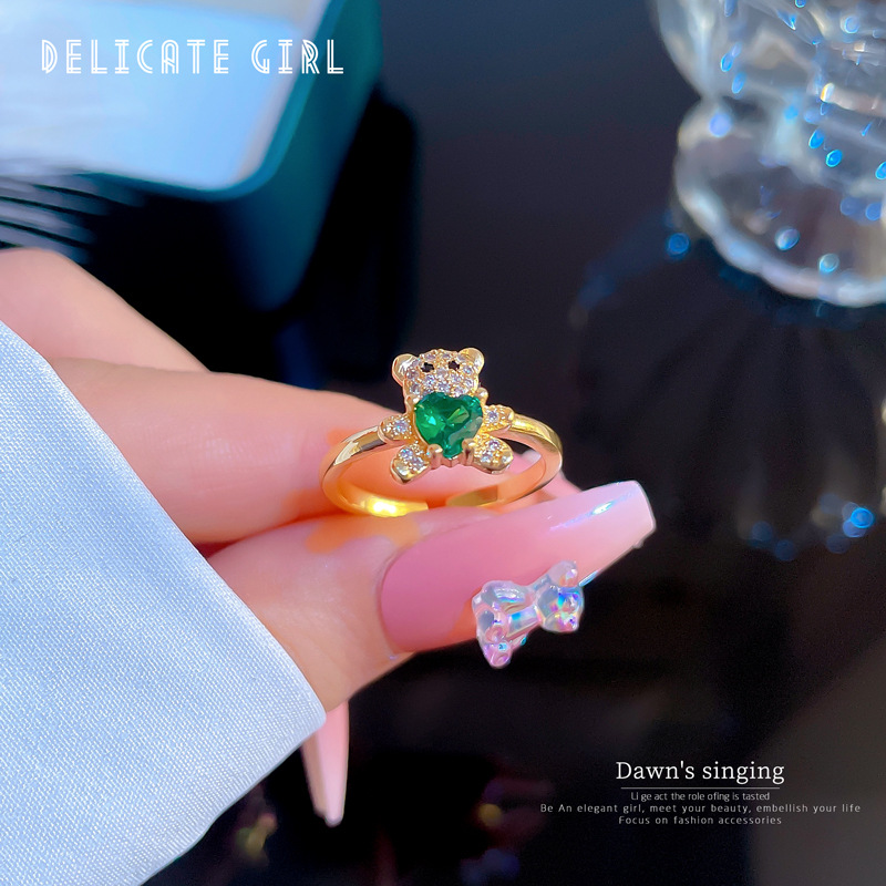 【 Real Gold 】 Diamond-encrusted bear open-mouth ring for Women, Japanese and Korean niche simple design index finger ring, Internet celebrity Application Scenario
