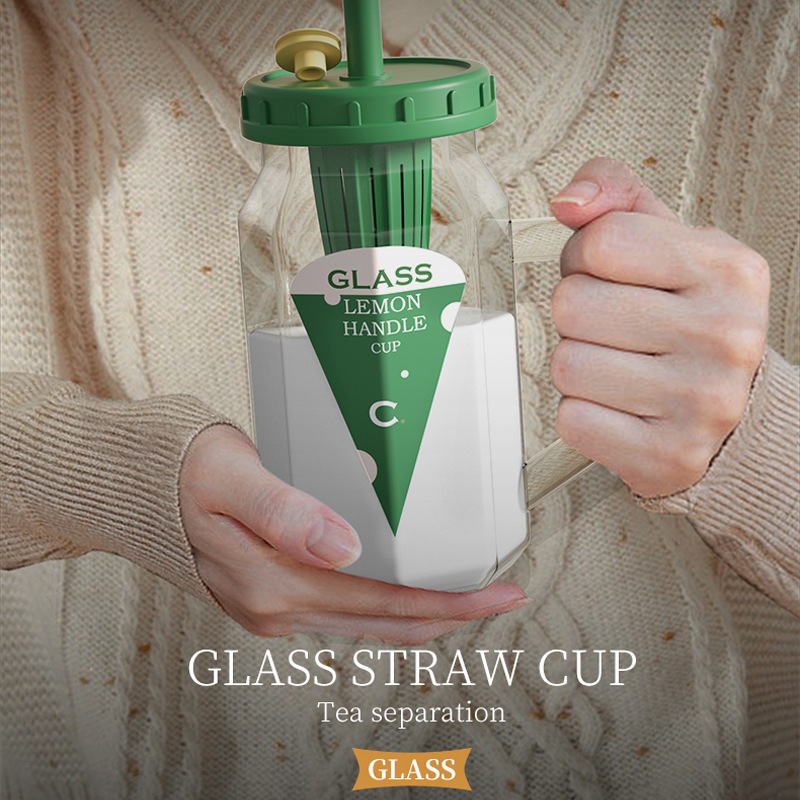 High appearance level with tea strout, glass water cup, handle cup, portable straw cup, large-capacity glass cup, popular tea water cup full figure