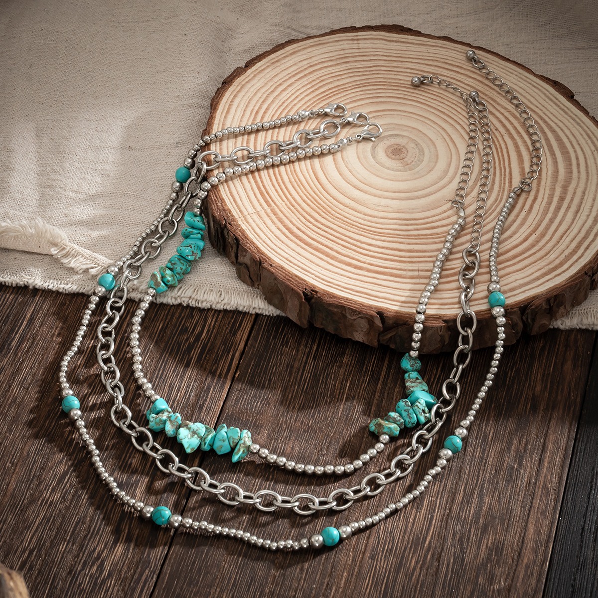 European and American cross-border jewelry, ethnic style cross-chain color-blocking necklace, retro patterned turquoise set necklace for women details Picture