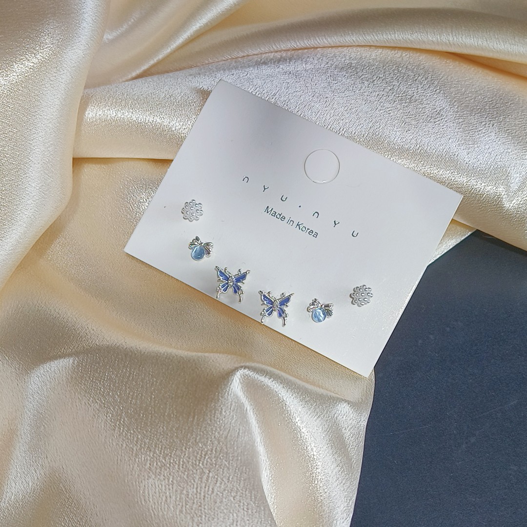 Six-piece set! Dynamic, high-end, niche design sense, versatile, small stud earrings, women's Instagram starry sky blue butterfly earrings and earrings Application Scenario