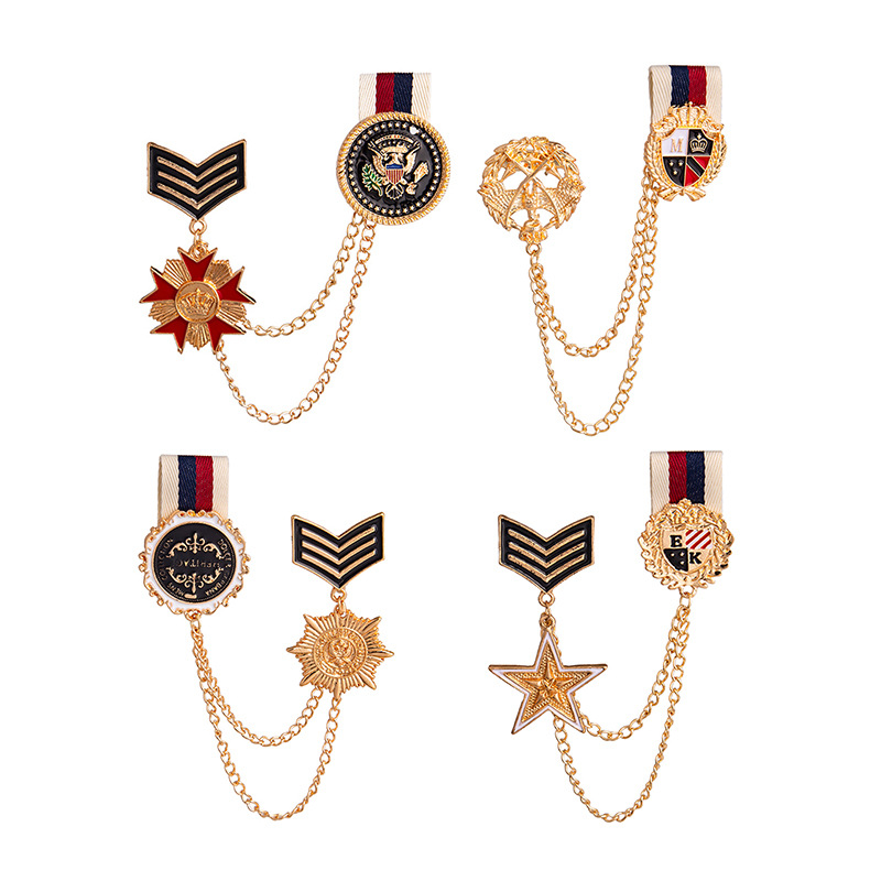 British retro shield, eight-pointed star, double-layer chain tassel brooch, sun star badge pendant, collar pin full figure