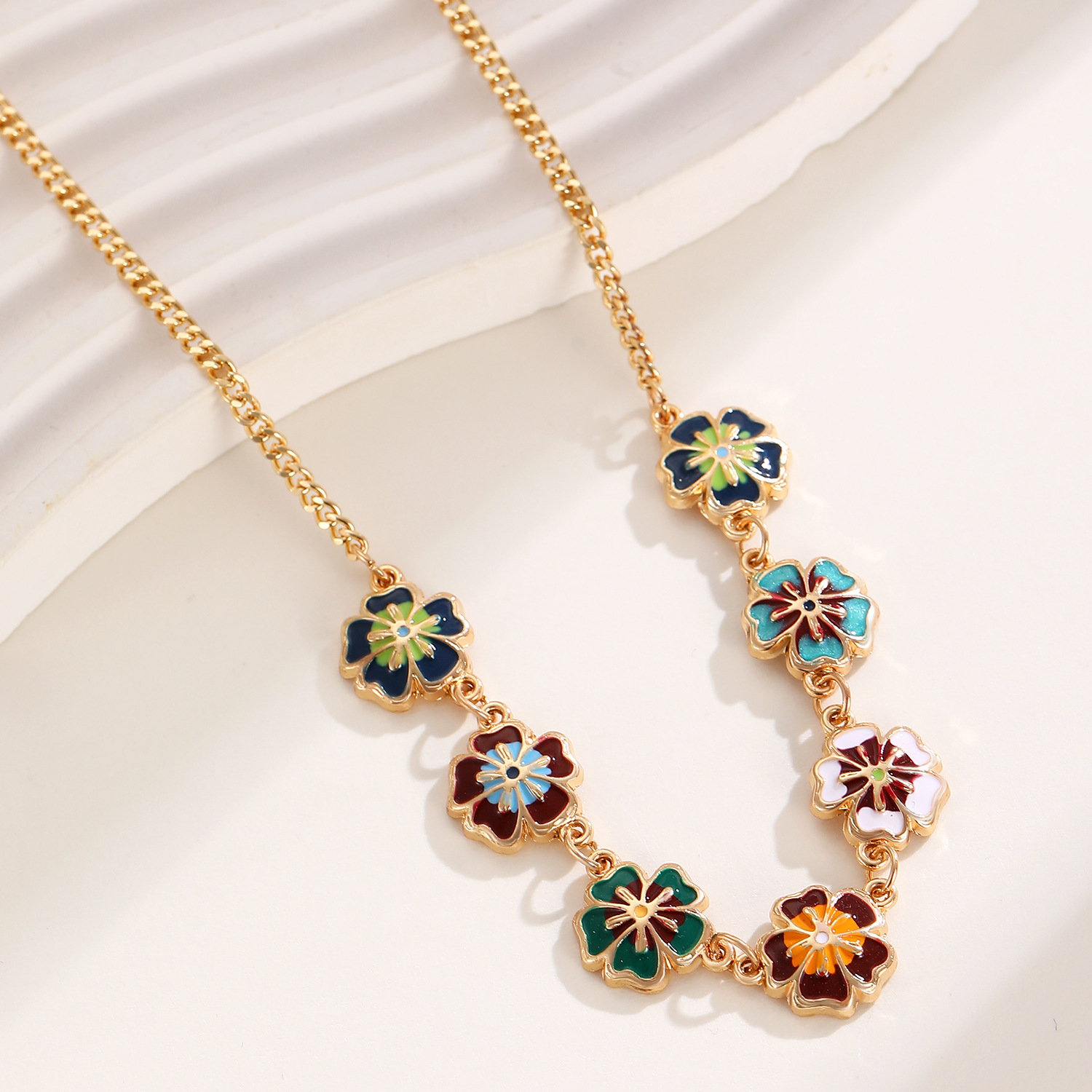Cross-border retro alloy colorful oil-dripping flower bracelet necklace set jewelry, women's light luxury high-end niche accessories Specification drawing