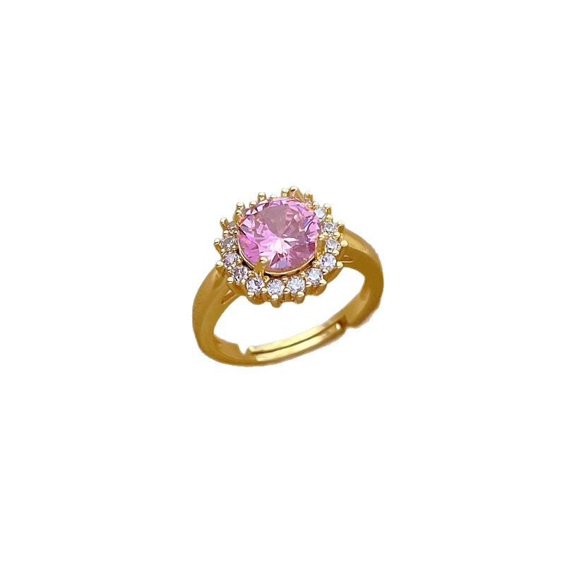 【 Real Gold 】 Pink round full diamond ring with adjustable opening, simple jewelry, Japanese-style ring couple rings Item Picture