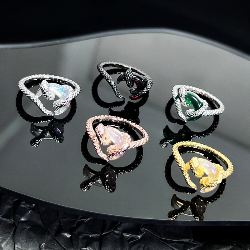 This original innovative Chinese-style moonstone texture snake-shaped opening ring is a fashionable, individualistic and niche ring with a cold and elegant style for women details Picture