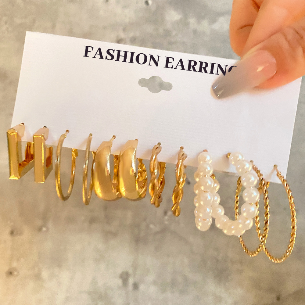 European and American style metal ear rings, square geometric earrings, retro pearl earrings, Hepburn style earring set of 6 pieces Specification drawing