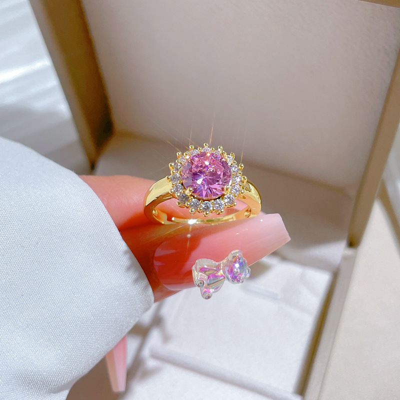【 Real Gold 】 Pink round full diamond ring with adjustable opening, simple jewelry, Japanese-style ring couple rings details Picture