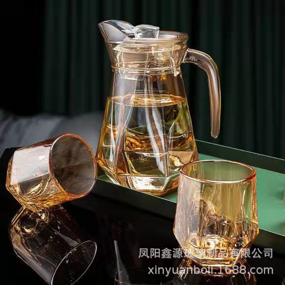 Glass cold water bottle set, household cups, ins style diamond-shaped personality hexagonal trendy transparent milk water cup Specification drawing