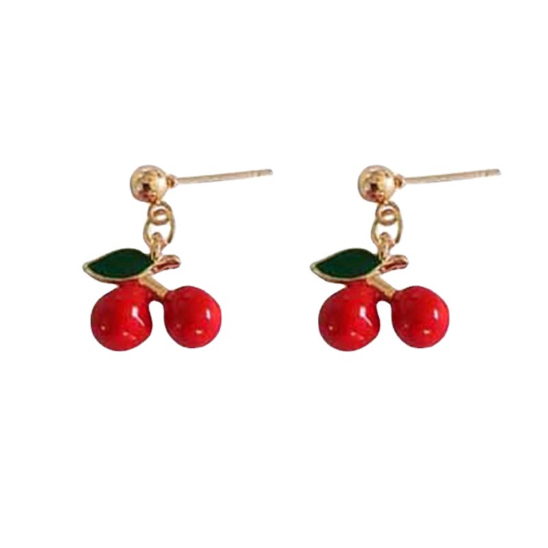 Cute cherry stud earrings, Korean ins women's earrings, pendants and earrings, fresh and unique accessories, no ear holes, fruit ear clips Item Picture