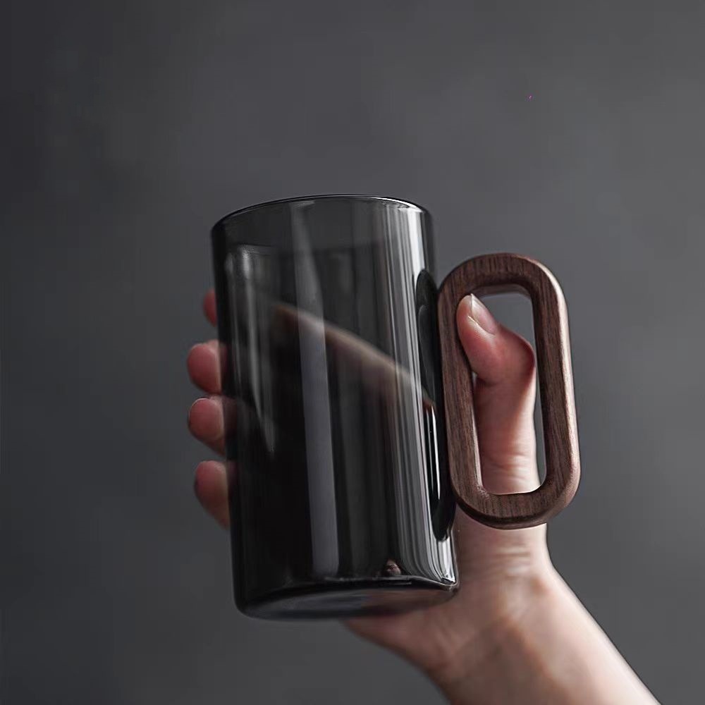 Wholesale creative grey glass wooden handle single-layer cups for home light luxury hospitality glass water cups and heat-resistant glass cup sets Specification drawing