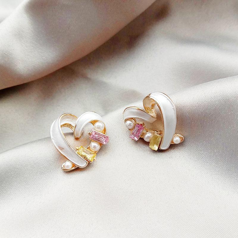 s925 Silver Needle Japanese and Korean new sweet heart-shaped pearl zircon stud earrings, women's summer versatile design earrings and earrings details Picture