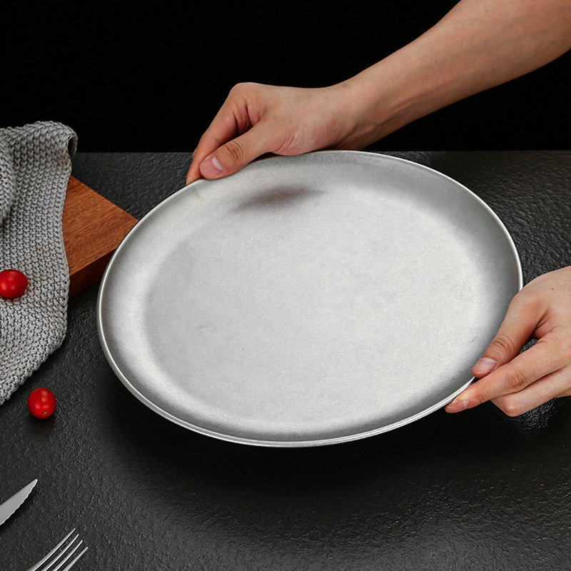 Korean-style stainless steel round tray, coffee shop fruit shallow plate, outdoor camping retro barbecue meat plate, bone-spitting plate details Picture