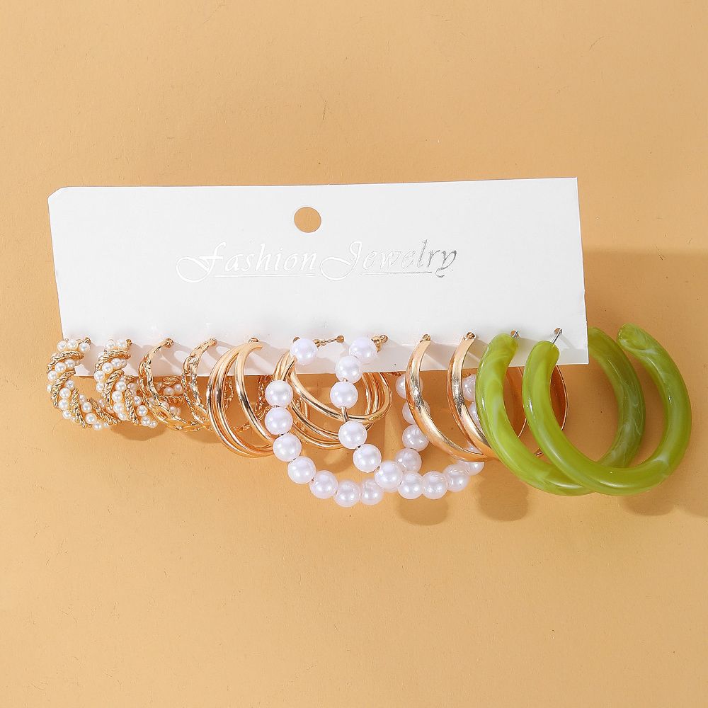 Cross-border best-selling metal C-shaped earrings geometric Earringset 5-piece retro pearl earrings Earringset details Picture