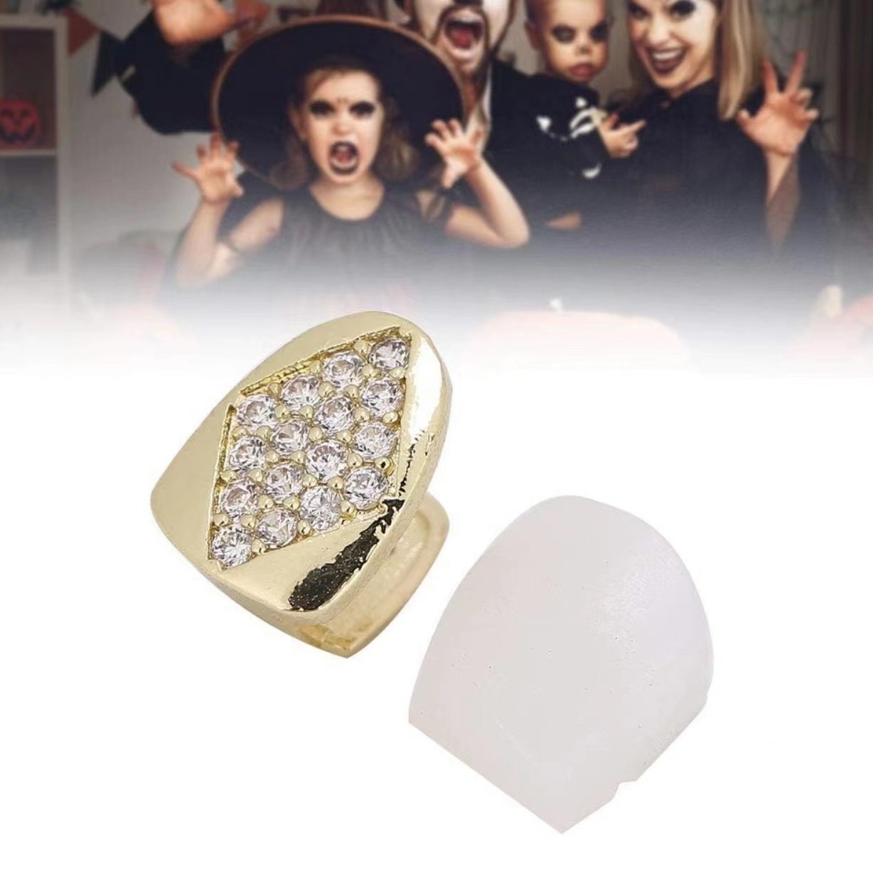 European and American cross-border diamond-shaped zircon 18k electroplated single hip-hop teeth set teeth grillz Halloween teeth details Picture
