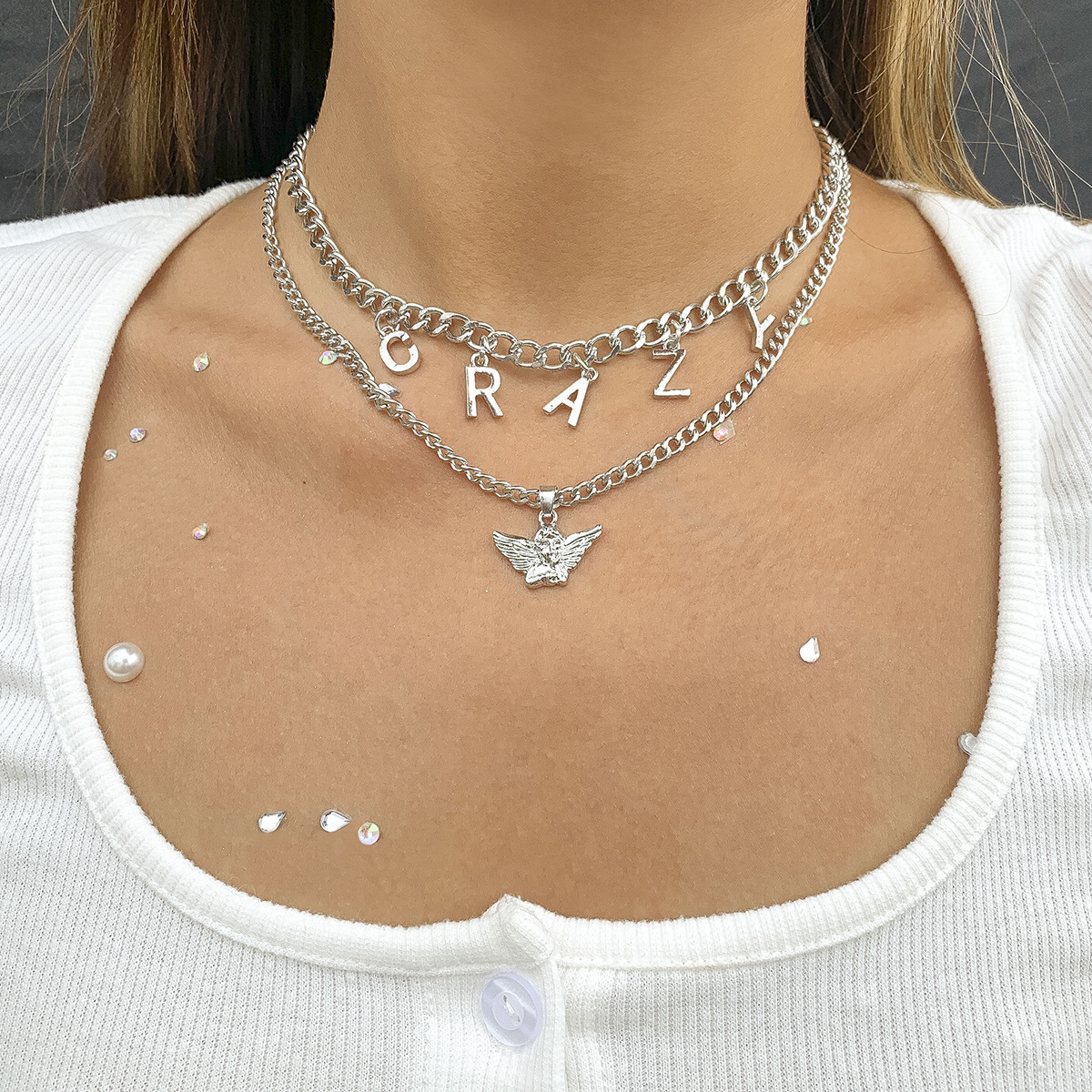 European and American cross-border accessories, retro little angel necklace, women's niche and simple necklace, CRAZY letter tassel collarbone chain full figure