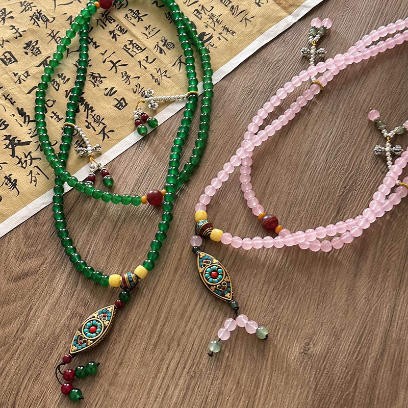 A Chinese-style agate beaded necklace paired with a long sweater chain, a new Chinese-style ethnic retro cheongsam crossbody chain accessory Specification drawing