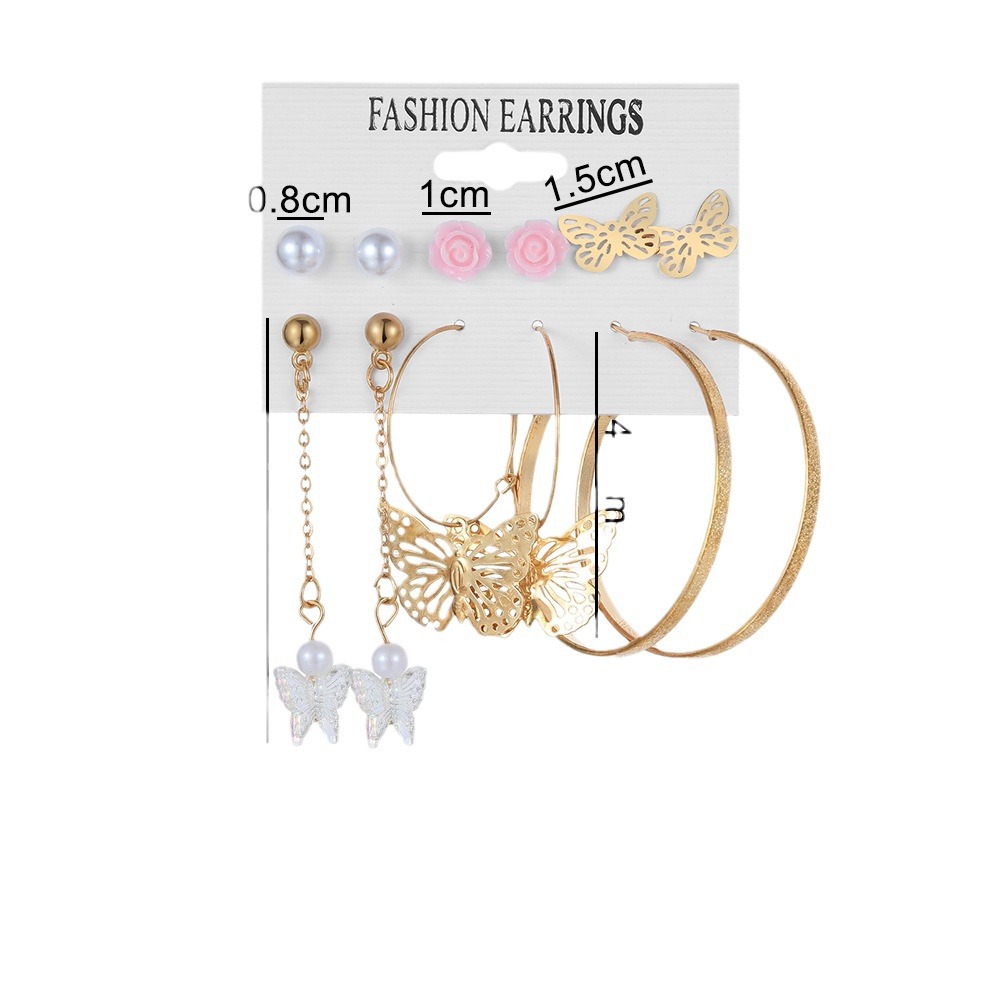 European and American cross-border long tassel butterfly earrings, asymmetrical alloy pearl butterfly pendant earrings, card earrings Item Picture