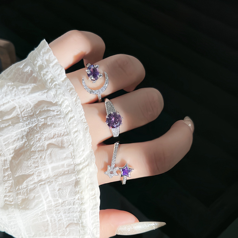Korean internet-famous light luxury purple diamond French sweet and cool star opening ring, a fashionable and versatile ring for women's little rabbit full figure
