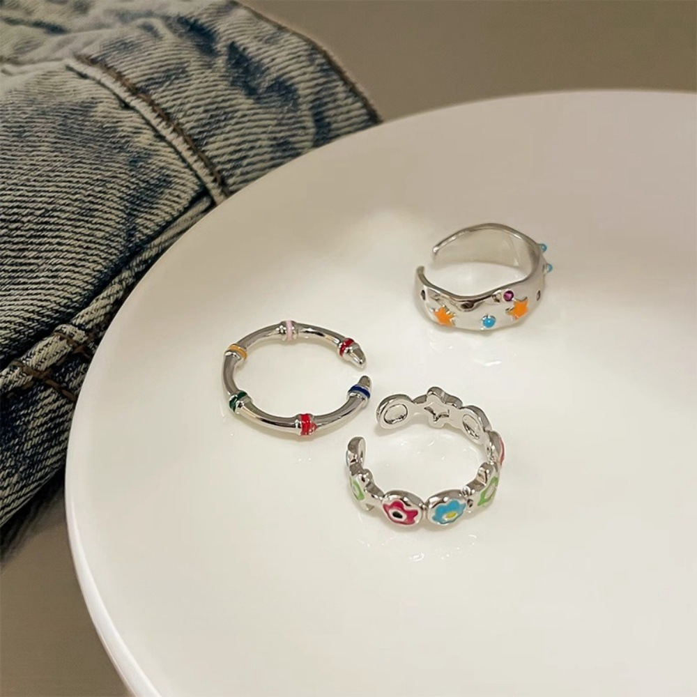 Retro-style colorful flower and star open ring for women, simple and niche design, adjustable personalized jewelry Specification drawing
