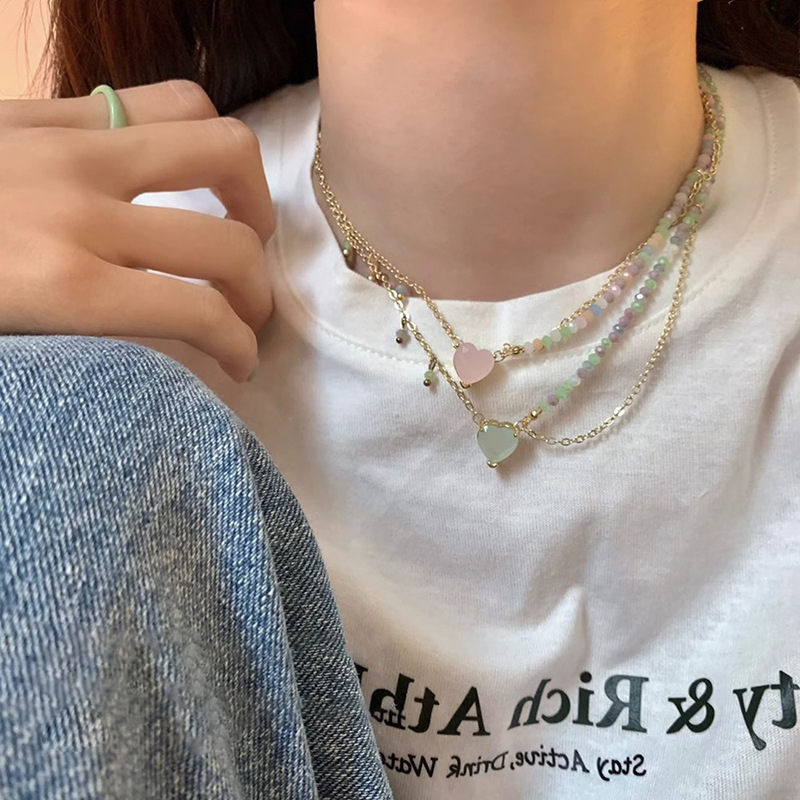 Cold style double-layer heart-shaped beaded necklace, a new 2023 women's collarbone chain, a trendy and elegant neckchain accessory Specification drawing