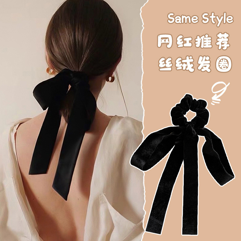Double-layer black bow hair tie velvet hair band with a high-end look, large intestine hair band with a high-end look, leather band ins, high appearance level Specification drawing