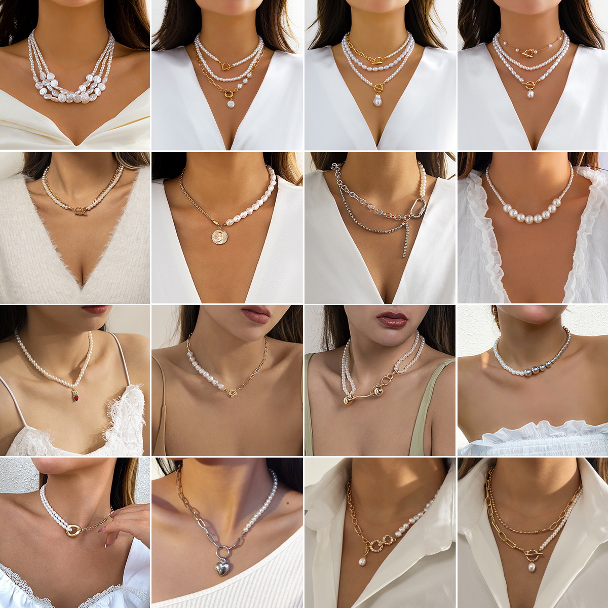 European and American cross-border jewelry, retro imitation pearl spliced simple necklace, women's creative and elegant, round bead chain stacked necklace full figure