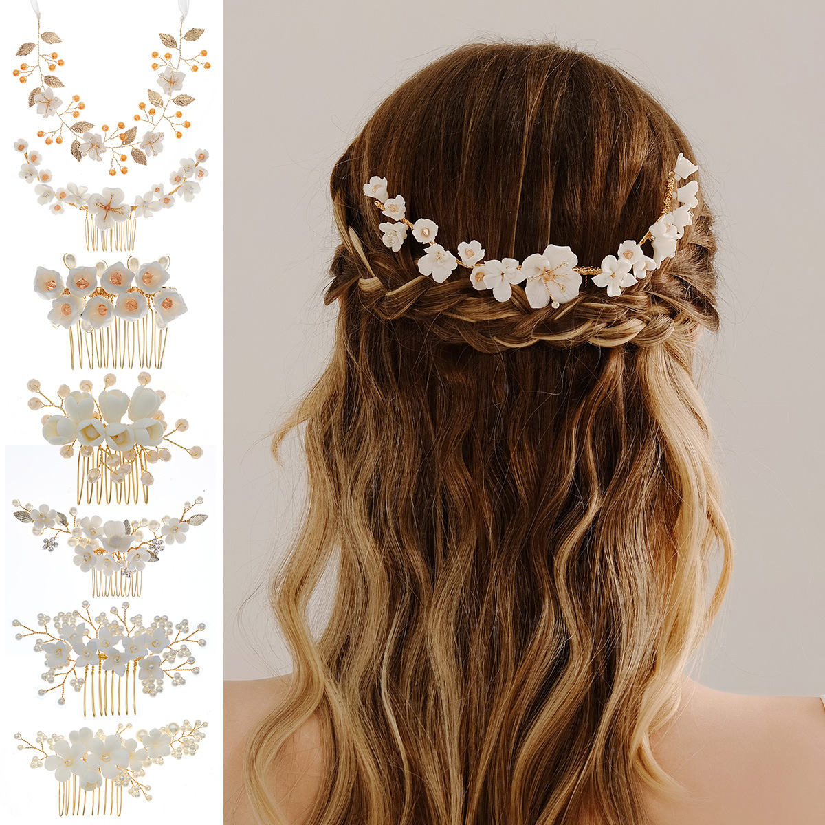 Cross-border bride accessories, handcrafted flower hair combs, forest-themed super fairy wedding hair accessories, retro and versatile ceramic flower bouquets for women full figure