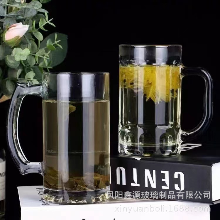 Thickened glass beer mug, juice cup, high appearance level, barbecue handle, high-temperature resistant draft beer cup, advertising cup print log Specification drawing