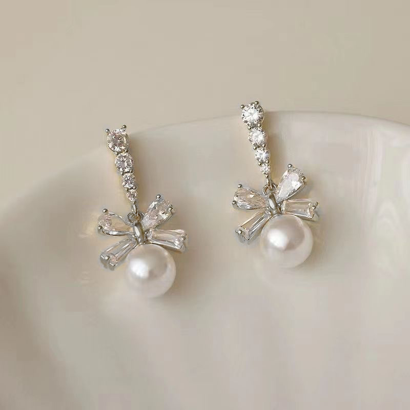 s925 Zircon Bow Pearl Pendant Earrings for women, light luxury, high-end, niche, sweet and versatile stud earrings Specification drawing