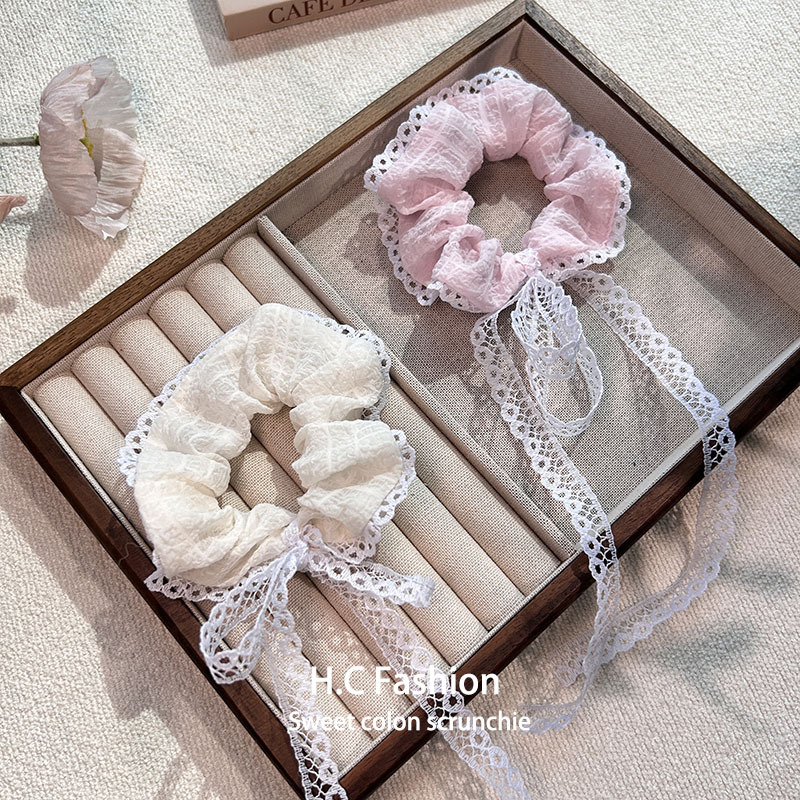 Korean-style super fairy-like bow, large intestine hair band, sweet and high-end lace-trimmed ribbon, tulle hair tie headwear full figure