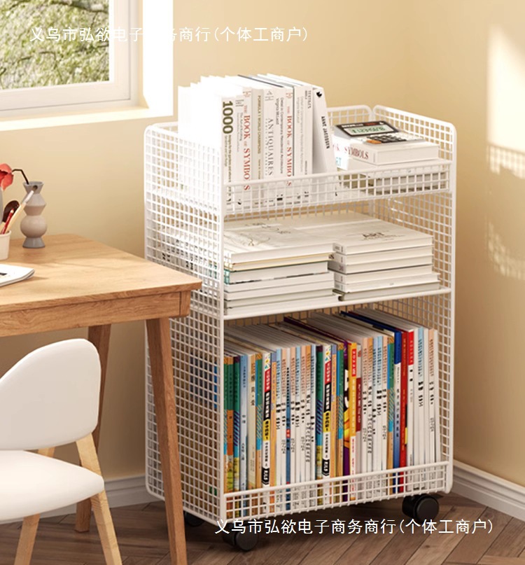Under the desk, a small bookshelf beside the desk, a movable wheeled floor-standing office desk, a trolley for book storage, and a bookcase full figure