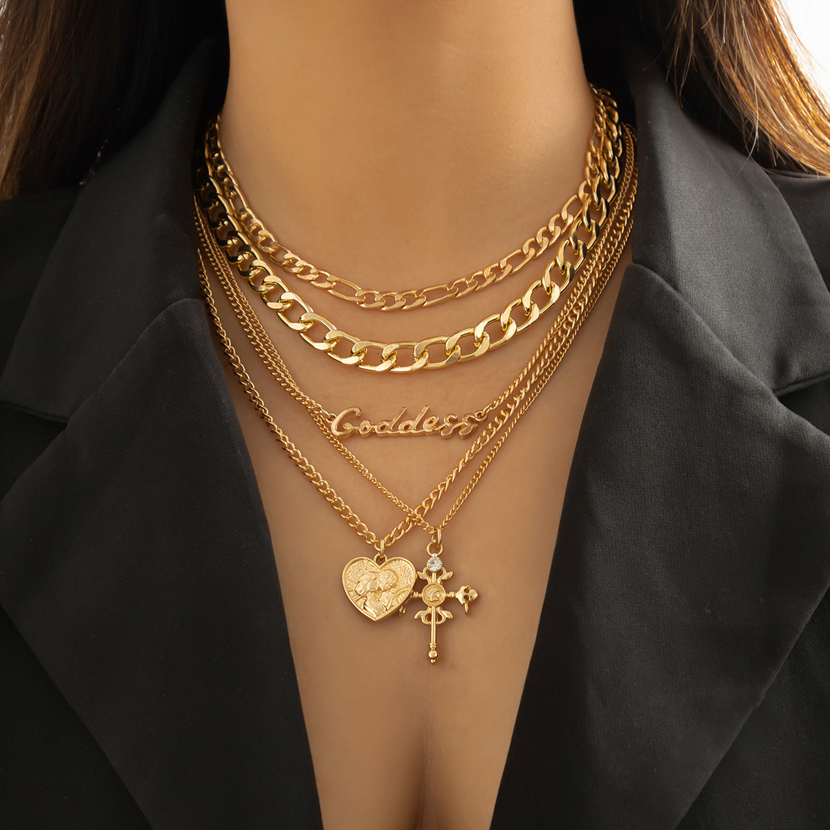 European and American cross-border jewelry, retro multi-layered human figure cross pendant necklace, hip-hop style letter chain necklace for women full figure