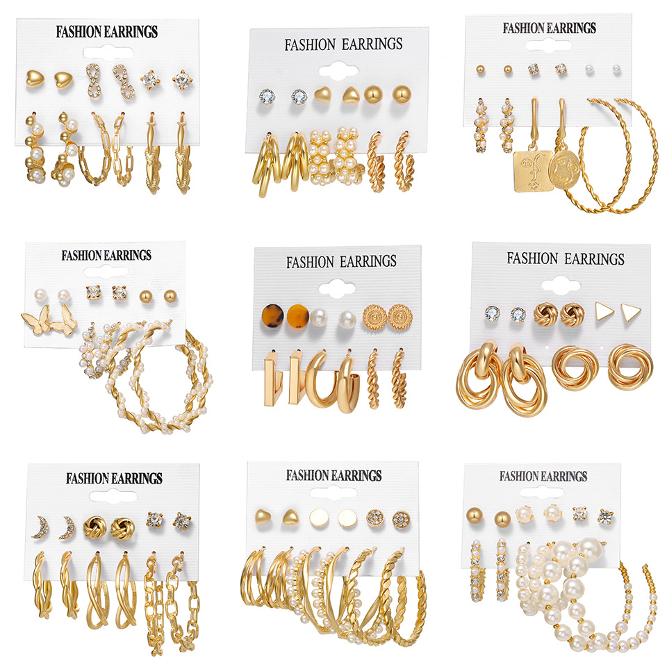 Wholesale of 6-piece cross-border earrings from Europe and America, including pearl, diamond and gold earrings and butterfly earrings full figure