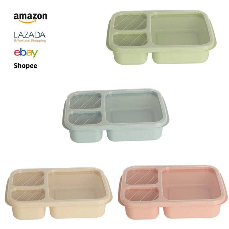 Wholesale of cross-border wheat straw lunch boxes, Japanese large-capacity square three-compartment lunch boxes, and plastic student compartments lunch boxes full figure