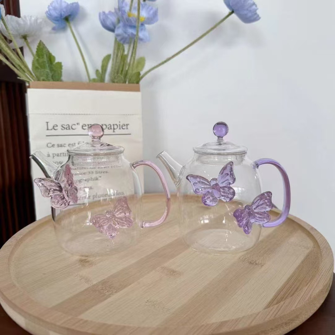 "Teenage Heart Butterfly Teapot, high borosilicate heat-resistant glass cup, Fairy style tea set, high-temperature resistant brewing teapot, creative design. details Picture