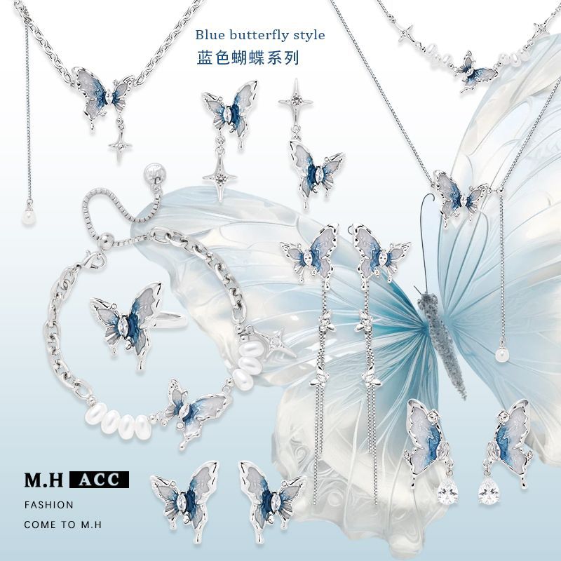 ins blue and white oil-dripping butterfly jewelry earrings, cool and elegant feminine high-end earrings, fashionable and versatile stud earrings wholesale full figure