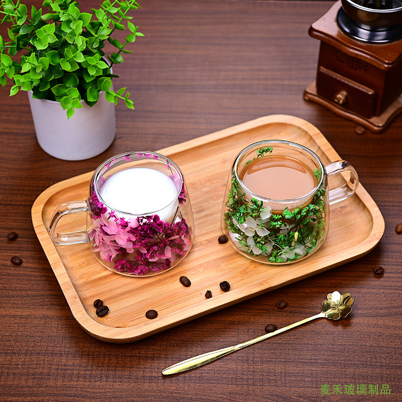 Double-layer glass cups, high appearance level, home coffee cups, high borosilicate glass cups, internet-famous double-layer real flower cups with handles are available Specification drawing