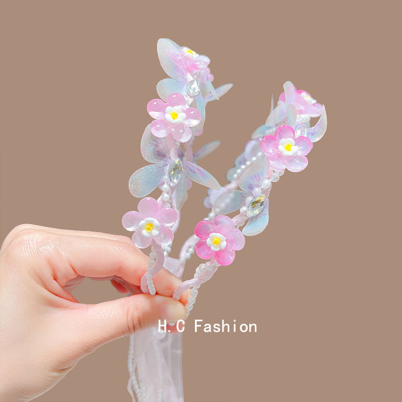 Girls' flower wreath headband, ribbon princess butterfly flower braid headpiece, ancient style super fairy-like children's headband, children's hair accessory Specification drawing