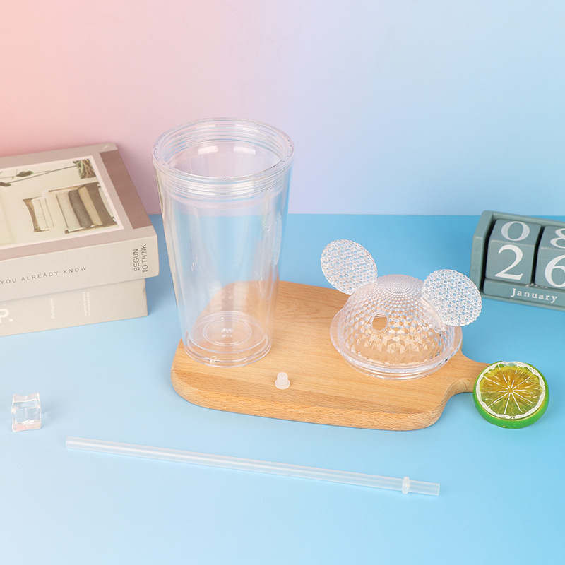 Factory wholesale transparent double-layer straw cups with LIDS, plastic cups, cartoon-shaped cold drink juice cups, and commuter drinking cups details Picture