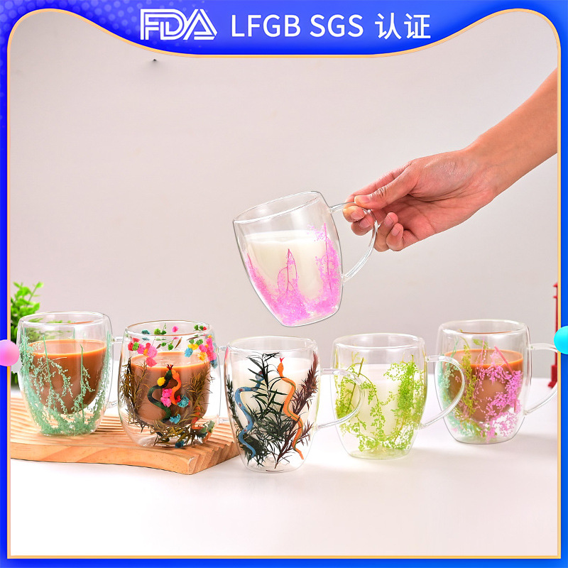 Creative and simple double-layer glass cup, high appearance level, high-temperature resistant, household breakfast cup, souvenir, universal dried flower water cup full figure