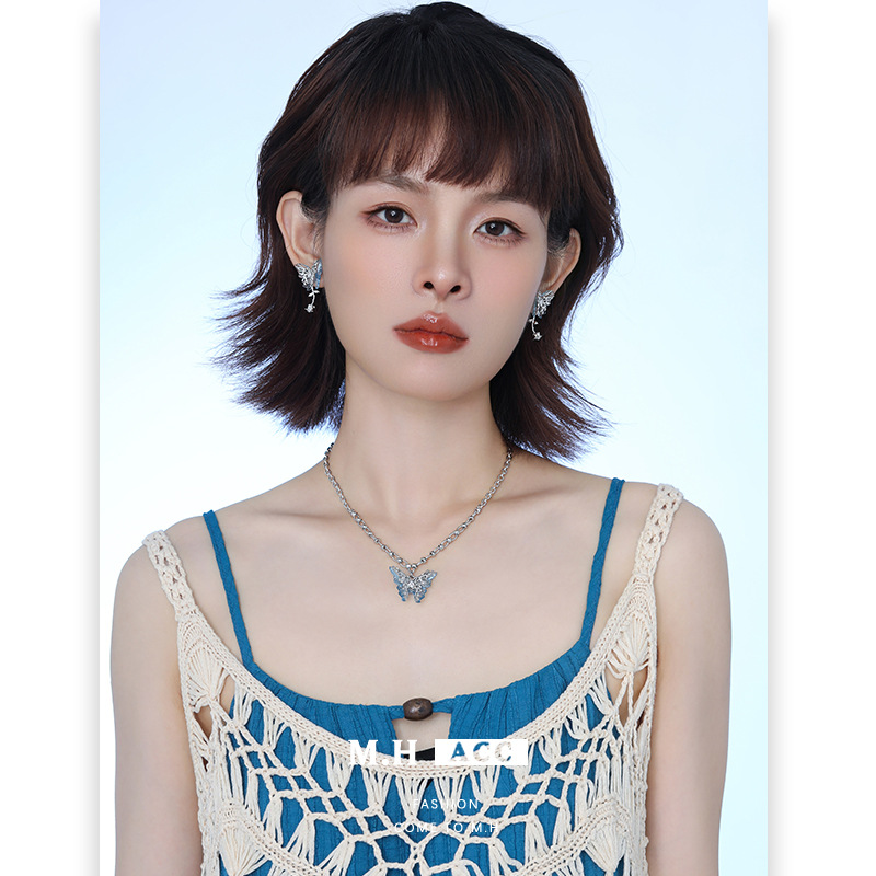 Original design blue butterfly series sweet and cool niche design necklace, fashionable and versatile, high-end earrings ring for women details Picture